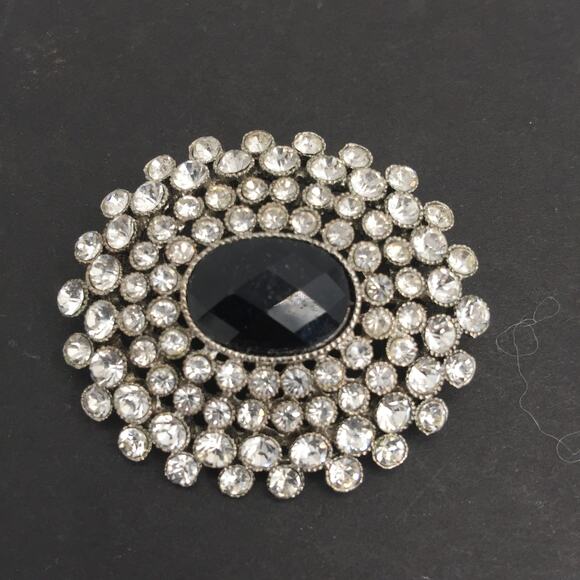 Vintage Jewelry - Monet Vintage Silver Color Rhinestones Black Faux Gem Brooch Pin
